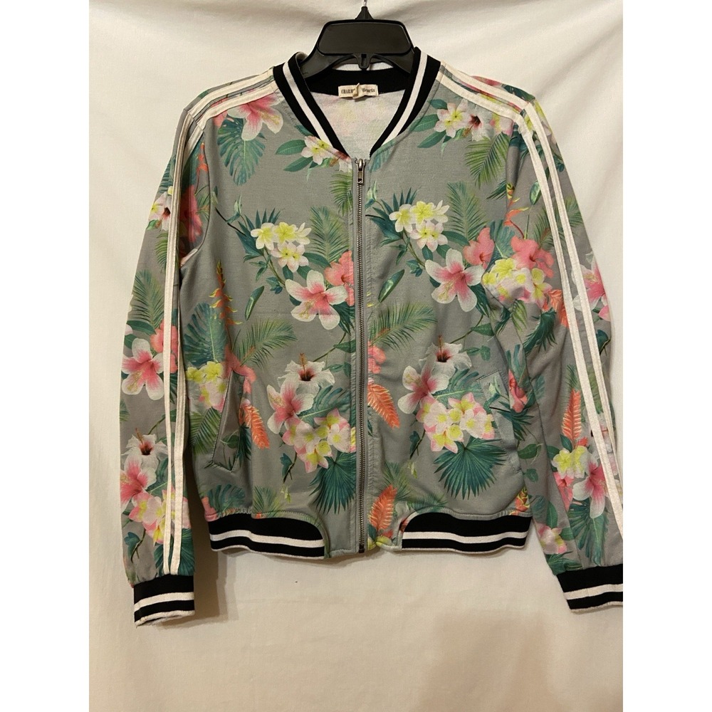 Women's Floral Bomber Jacket Full Zip Hawaiian Classic Chic Sz L Travel